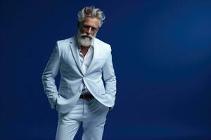 A stylish old man with a silver beard and hair AI generated photo