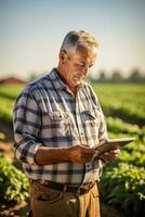 Thoughtful elderly man farmer standing with tablet computer in front of farm AI generated photo