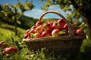 photography of a basket of apples in a green field AI generated photo