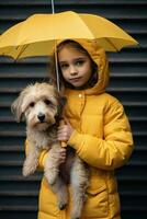 A girl stands outside in the rain and holds a umbrella over a small cute lost dog AI generated photo