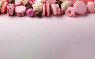 Banner, The background is is light pink with macaroons AI generated photo