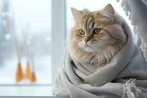 Photography of cat sits on the windowsill wrapped in a blanket and looks out the window AI generated photo