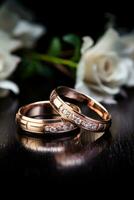 Two wedding rings male and female with diamond on black surface, wedding concept AI generated photo