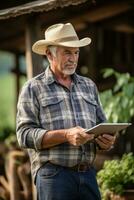 Thoughtful elderly man farmer standing with tablet computer in front of farm AI generated photo