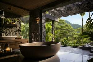 A bathroom in a luxury hotel in the jungle overlooking the pool AI generated photo