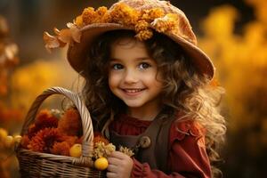 little girl holding a basket with autumn harvest AI generated photo