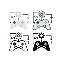 Gamepad, gear wheel with smartphone or laptop screen for game application project in mobile multimedia. Video games marketing. Game Development icon. Vector illustration Design white background EPS10