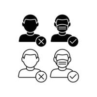 No Face Mask No Entry. Man in wrong and right wear mask Icon. Notice Safety, Coronavirus precautions. Mask required warning prevention sign. Wear dust mask. Vector illustration, white background EPS10