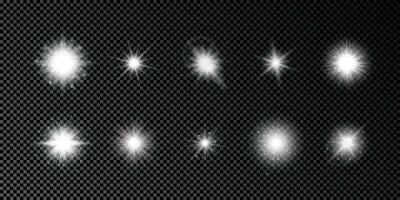 Light effect of lens flares. Set of ten white glowing lights starburst effects with sparkles on a dark background. Vector illustration