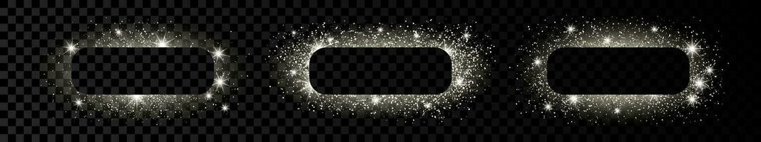 Set of three silver rounded rectangle frames with glitter, sparkles and flares on dark background. Empty luxury backdrop. Vector illustration.