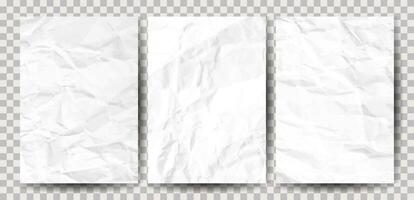 Set of wrinkled white paper in A4 format. Crumpled empty sheets of paper with shadow for posters and banners. Vector illustration