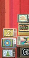 Merry Christmas and Happy New Year 2024 calligraphy broadcasting on vintage televisions with risograph printing effect verticle vector illustration.