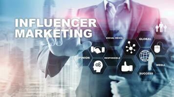 Influencer marketing concept in business. Technology, Internet and network. Abstract background mixed media photo