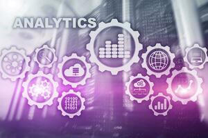 Technology Analytics concept on virtual screen. Big data with graph icons on a digital screen interface and a server room background photo