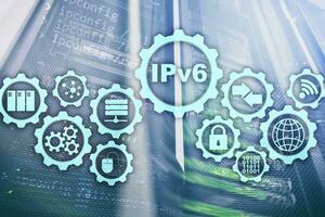 IPv6 Internet Protocol on server room background. Business Technology Internet and network concept photo