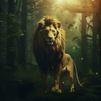 Portrait Lione in Nature Forest Animal Illustration Beautiful background photo