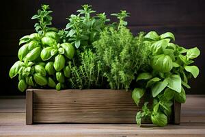 Freshly Picked Herbs in a Wooden Planter Box AI generated photo