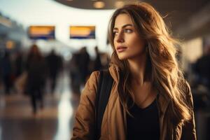 A business traveler woman full body back view boarding at an airport gate photo
