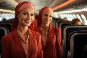 AI generated stewardesses walk gracefully through the cabin photo