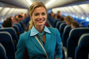 AI generated stewardesses walk gracefully through the cabin photo