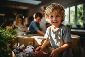 ai generado niños quien ayuda padres deshacer mueble y abierto cajas en un nuevo casa foto