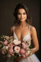 Photo of bride with blush bridal bouquet AI generated