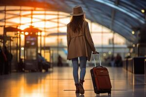 A business traveler woman boarding at an airport gate photo