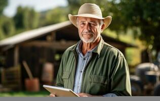 Thoughtful elderly man farmer standing with tablet computer in front of farm AI generated photo