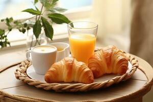 desayuno en el dormitorio en hotel ai generado foto