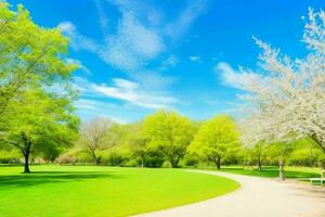 Beautiful landscape park with trees and sun. Colorful foliage in the park. AI Generative Pro Photo