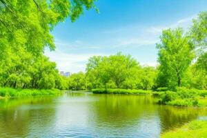 hermosa paisaje parque con arboles y Dom. vistoso follaje en el parque. ai generativo Pro foto