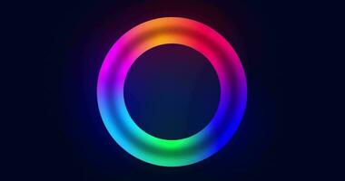 Light animation of a bright neon circle, a multi-colored rotating luminous ring. illumination from neon circle. Modern design. Concept 3D. Seamless loop 4k video