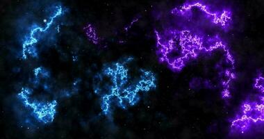 Flying inside Epic Storm of Galaxy Clouds and Lightning Nebula. Space scene of the starry sky and bright lightning, flying particles. Abstract colorful lights background animation video