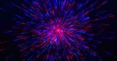 Bright particle explosion, neon fireworks, high speed flight lines, digital lights speed, technology tunnel, neon light movement. space meteor shower scene. Seamless loop 3D animation, 4K video