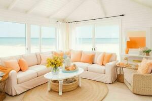 Beach style living room design. AI Generative Pro Photo