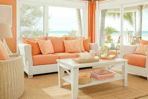 Beach style living room design. AI Generative Pro Photo