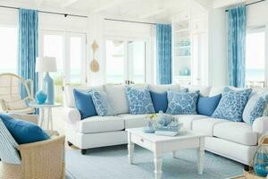 Beach style living room design. AI Generative Pro Photo