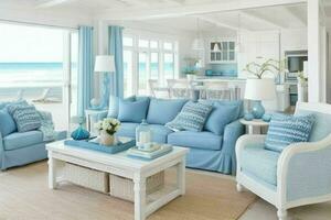 Beach style living room design. AI Generative Pro Photo