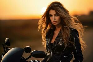 young girl on a motorcycle in a leather suit on the highway at sunset AI generated photo