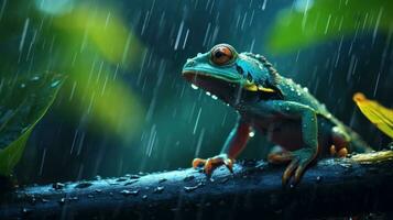 Epic Photography Shot of Chameleon on Rainy Day. Lively Rainy Season Concept. Generative Ai photo