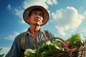 Asian Male Farmer with Basket of Fresh Vegetables, Presenting Organic Vegetables, Healthy Food photo