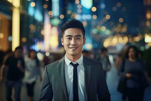 Portrait of Happy Businessman Walking on Street at Night, Handsome Asian Manager in Modern City Surrounded By Blurred People photo