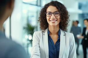 Portrait of Smiling Receptionist Female Greeting Client, Happy Business Woman Reception in Modern Office photo