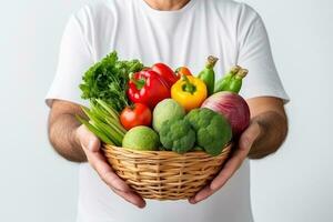 Man Holding Basket of Vegetables, Farmer Presenting Organic Vegetables, Healthy Food. Generative Ai photo