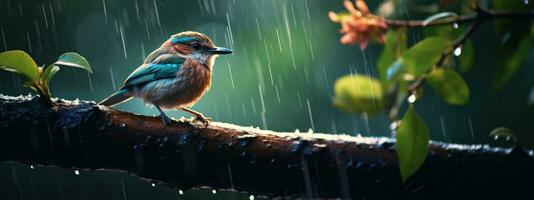 épico fotografía Disparo de pájaro en lluvioso día. animado lluvioso temporada concepto. generativo ai foto