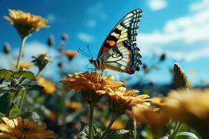 Beautiful Butterfly Surrounded by Flowers and Leaves Blue Sky Background. Generative Ai photo