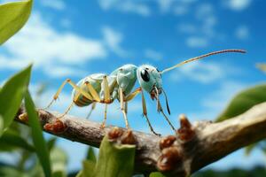 cerca arriba Disparo de hormiga hallazgo comida en hoja nublado azul cielo antecedentes. generativo ai foto