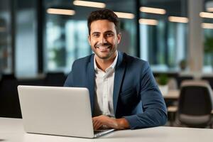 Handsome Latin Businessman Working with Computer, Male Manager Works in Modern Office, Analysis Data Statistics and Business Planning. photo