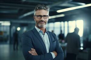 Happy Businessman Standing in Modern, Successful Male Manager Smiling and Looking at the Camera photo