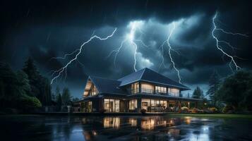 House on Heavy Lightning Thunder Strom Background, Home Insurance Concept. Generative Ai photo